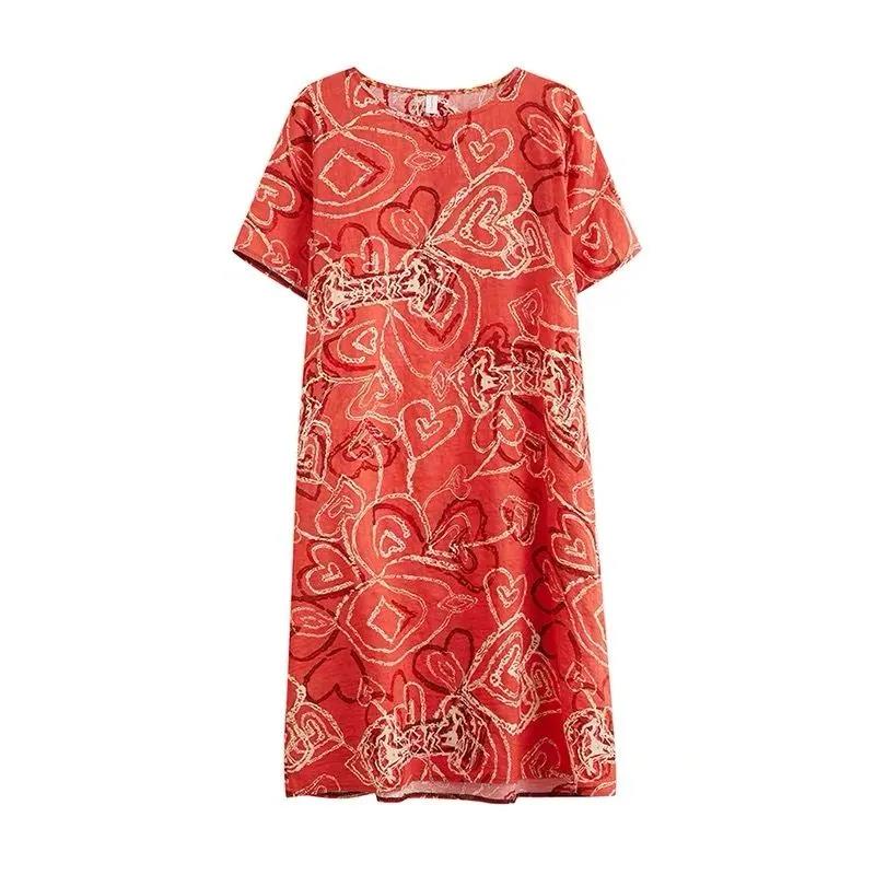 Short-sleeved Dress Summer Loose Large Size Fat and Thinner Round Neck Floral Mid-length Dress