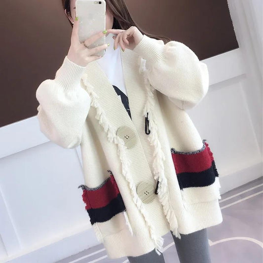 Pure Color Cardigan Knitwear Sweet Puff Sleeve Short Fall/Winter V-neck Sweater Jacket Women's Long Sleeve Warm Jacket