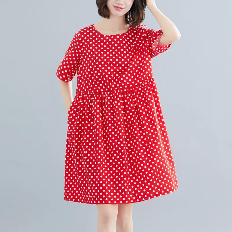 Summer Women's Polka Dot Short-sleeved Loose Mid-length Skirt Large Size Dress Loose Casual Covering Belly Thin Fabric Light and Breathable