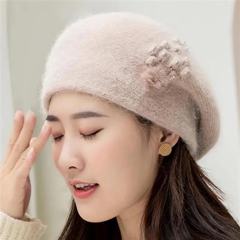 Beret Female Rabbit Fur Hat Autumn and Winter Outdoor Double-layer Thickened Wool Cap Ear Protection Warm Head Cap