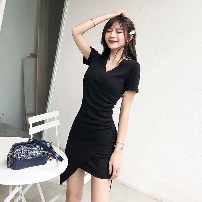 Pofulove Women Sexy Skinny Dress V-neck Bag Hip Short Sleeve Dress Over The Knee Irregular Dresses