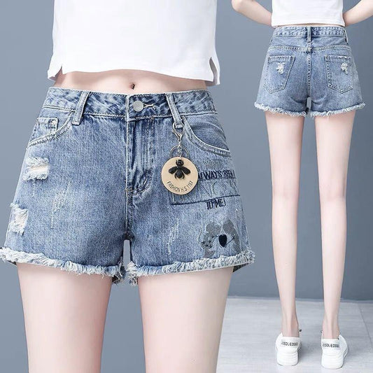 Hollow Raw Edge Denim Shorts Women's Summer Thin Section Is Thin and Fashionable A Word Loose Embroidery