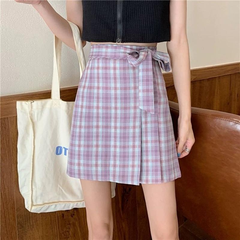 Bow School Girl Women High Waist Pleated Skirt  Plaid A-Line Flare Skater Short Skirt Uniforms Cosplay Sweet Girls