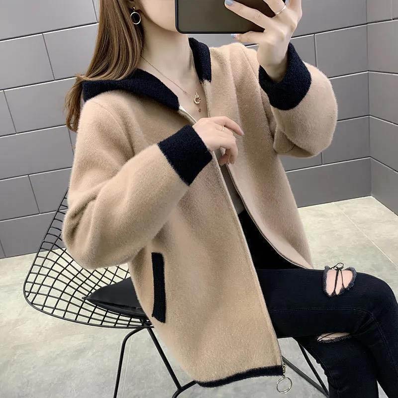 WTEMPO Reversible Fleece Jacket Fall/Winter Loose Lazy Women's Zipper Stitching Hooded Sweater Women