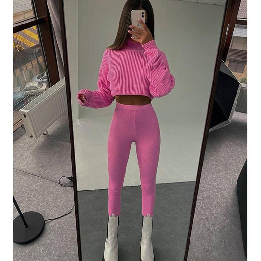 2PCS Ladies Sweater Set High Neck Long Sleeve High Waist Solid Color Wool Pants Two Piece Casual Suit Pullover Sweater Multicolor Bottoming Shirt