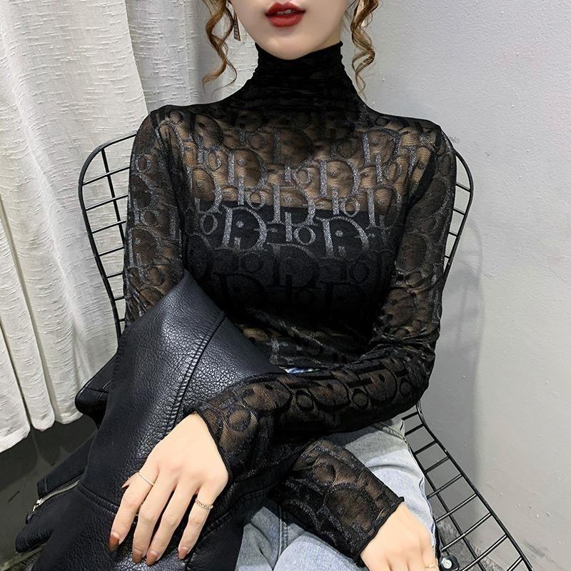 Sexy Women T Shirt See Letter Decoration Through Transparent  Tops Long Sleeve Sheer Slim Ladies Turtleneck T-Shirt Women Pullover