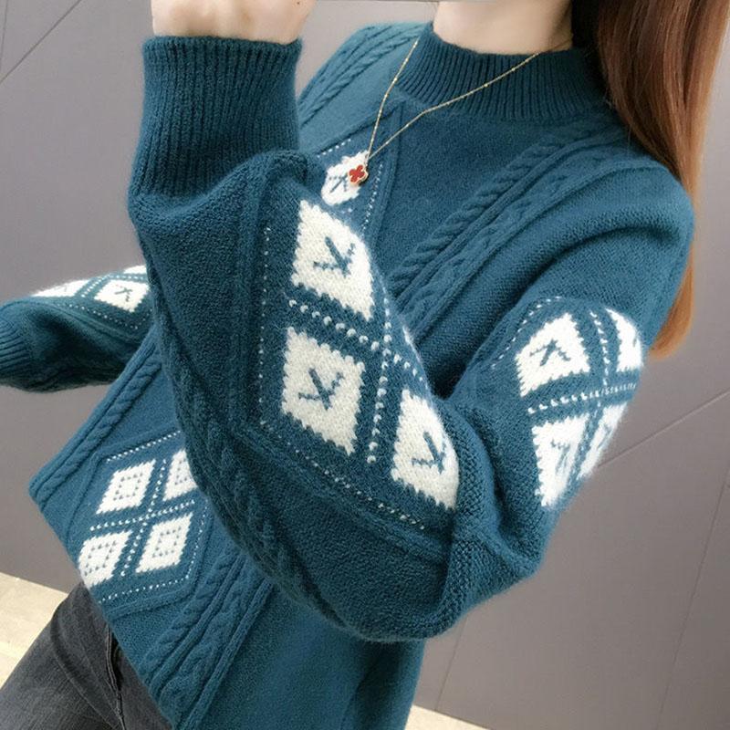 Thickened Twist Diamond Jacquard Pullover Sweater Women's New Fall/winter Round Neck Loose Lazy Sweater