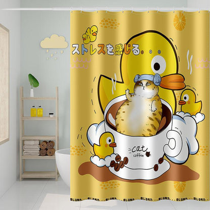 Japanese Cartoon Cute Bathroom Shower Curtain Waterproof Cloth 180*180cm Free Perforated Bathroom Shower Thickened Mold-proof Partition Curtain