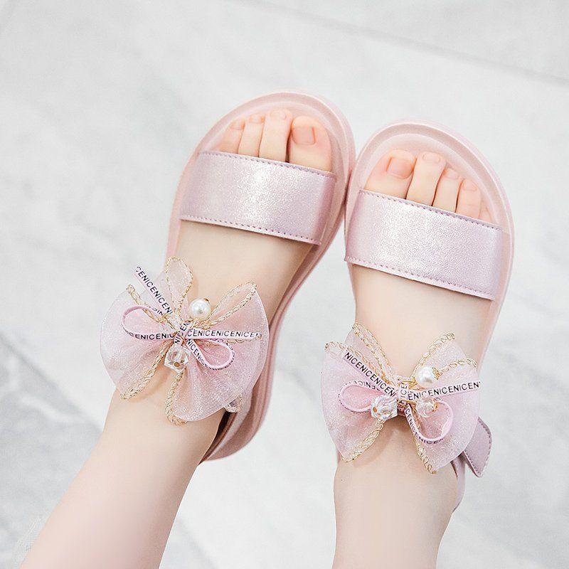 Girls Sandals Summer Bowknot Open Toe Breathable Princess Shoes Korean Children's Soft Bottom Non-slip