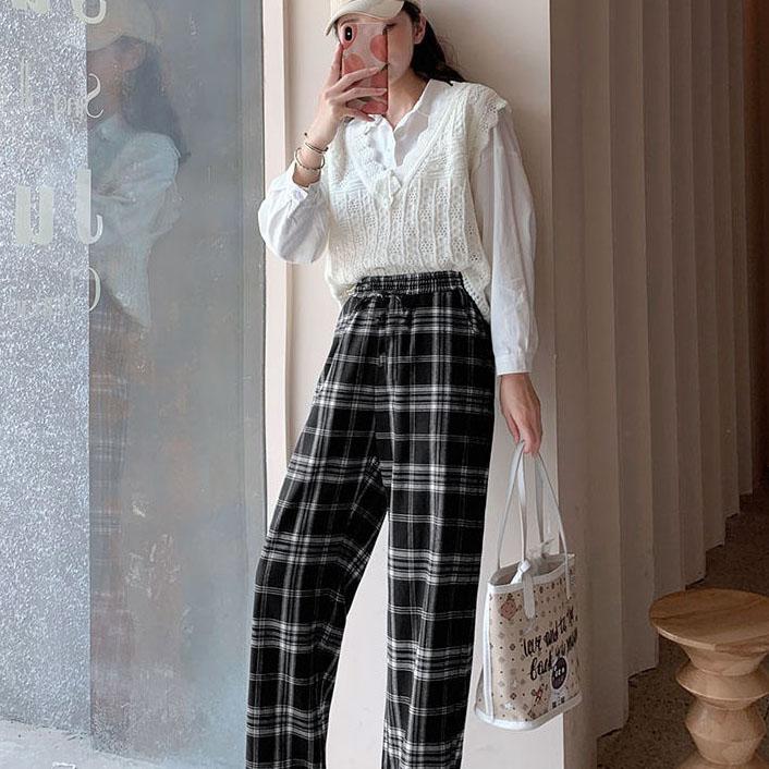 Women Spring Summer Long Pants Vintage High Waist Wide Leg Casual Pants Elastic Waist Loose Plaid Stripe Versatile Streetwear Straight Pants