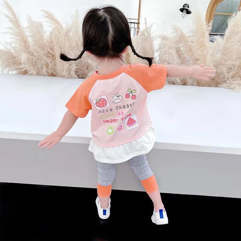 Children's Suit Summer Light Girls' Casual Wear Printed Rabbit Fruit Splicing T Shirt Elastic Leggings Two Piece Set