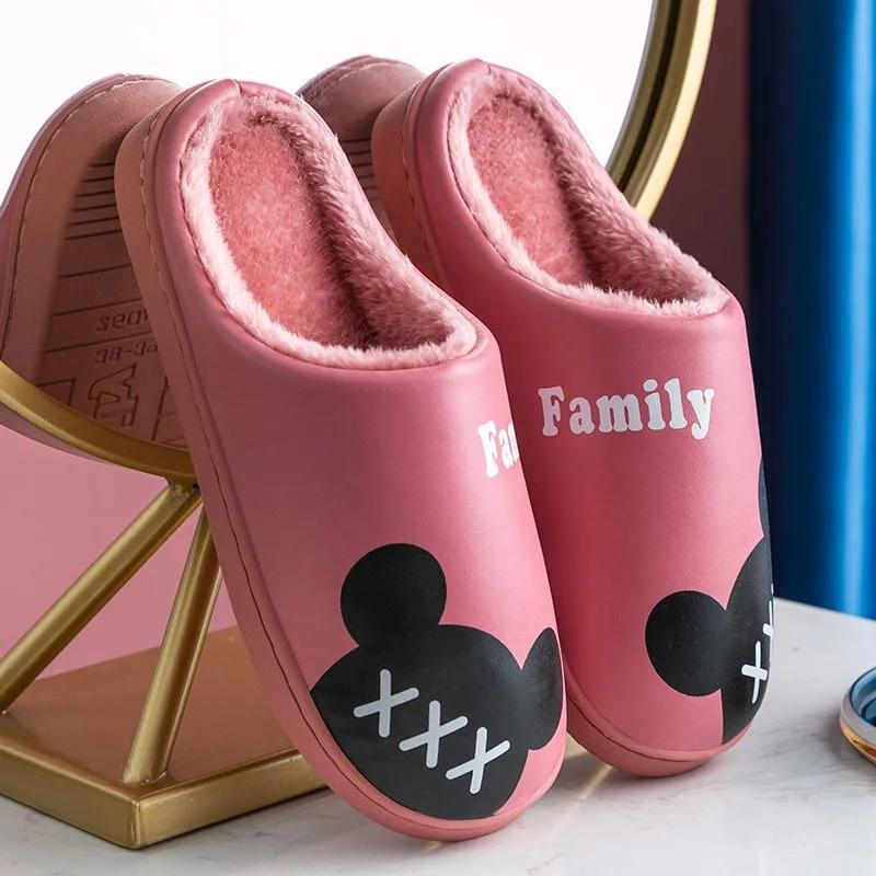 Women Winter Home Slippers PU Waterproof Cartoon Shoes Non-slip Soft Warm Men House Slippers Indoor Bedroom Lovers Couples