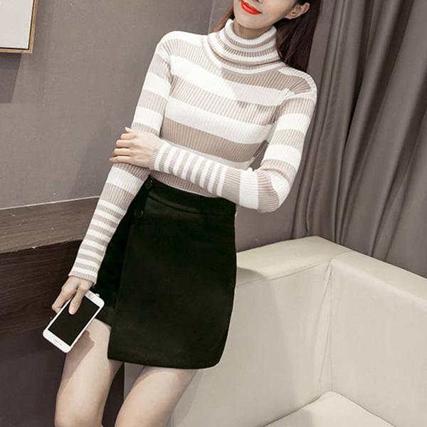 Autumn and Winter Korean Thickened Bottoming Sweater Shirt Long-sleeved Slim Student Pullover Black and White Striped Turtleneck Sweater Women