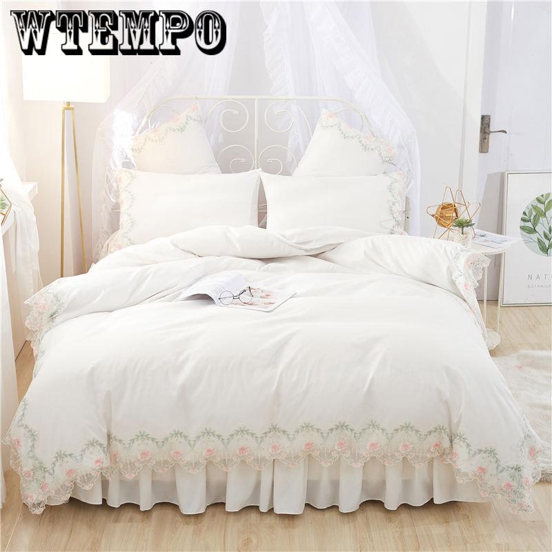 Bedding set bed skirt four sets of fashion lace quilt cover solid color princess wind skin cotton