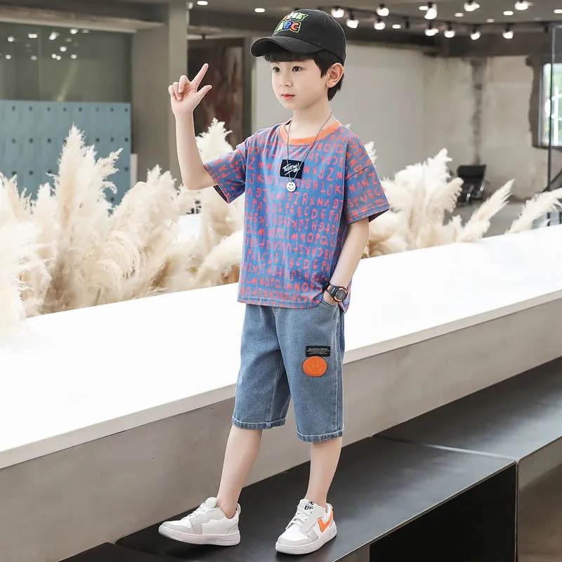 Children's Clothing Boys Summer Suit Head-up Letter Printing Short-sleeved Breathable Denim Five-point Pants Cool Cute Boy Two-piece Suit