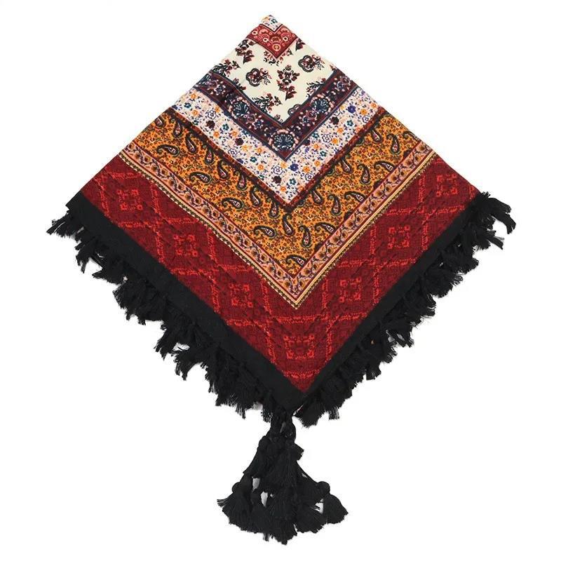 Women's ethnic style warm huge square scarf cotton printed fringed scarf Bohemian Muslim windproof travel shawl Multifunctional turban shawl 110x110cm