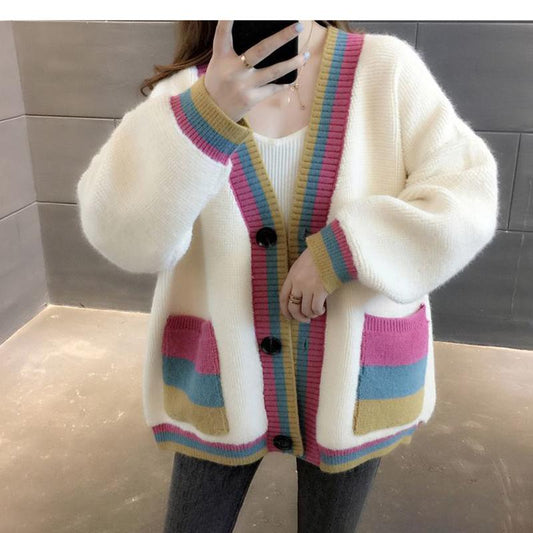 Women's Sweater Coat Autumn and Winter Color Matching Sweater Cardigan Loose and Lazy Wind Mid-length Knitted Cardigan Top