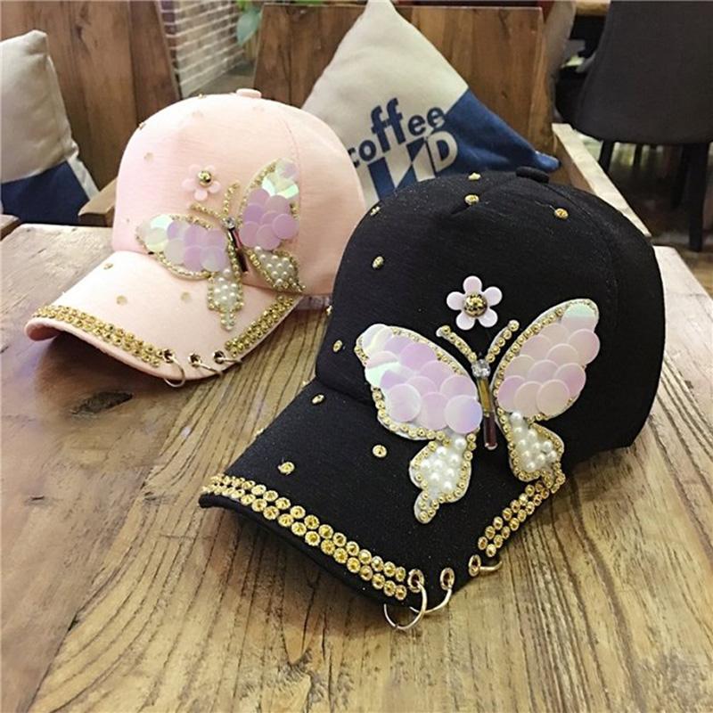 Women's Hat Spring Summer Butterfly Diamond-studded Baseball Cap Metal Three Rings Sun Hat Outdoor Sunshade Cap Hip Pop Ponytail Cap