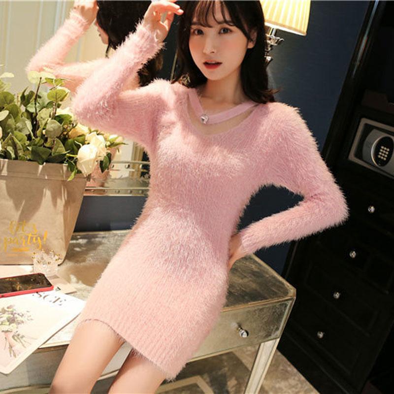 Autumn and Winter Mohair V-neck Sweater Pullover Mid-length Slim Top Solid Color Sexy Female Sweater Dress