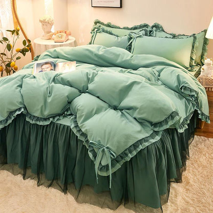 Korean Brushed Bed Skirt Bowknot Four-piece Princess Style Bed Cover Thick Non-slip Lace Bedding