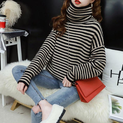 Heap Pile Neck Sweater Women Loose Casual High Neck Sweater Spring Autumn Striped Pullover Sweater