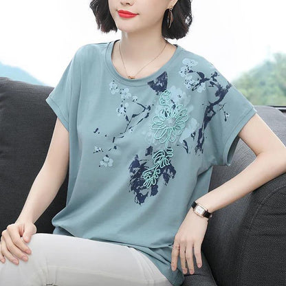 Cotton Floral Short Sleeve T-Shirt Ladies Summer Loose Large Size Fat Crew Neck Top