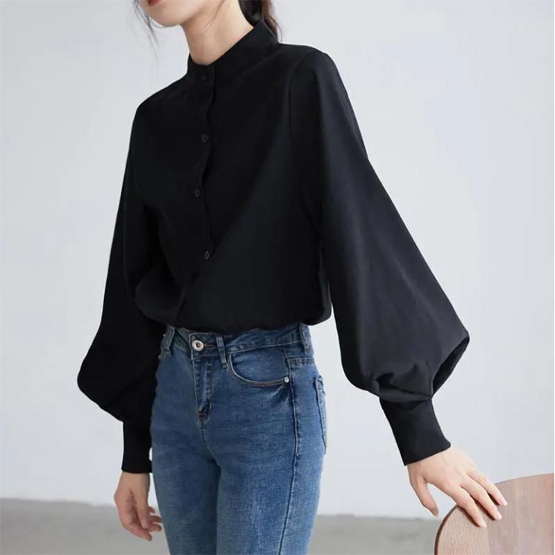 Black Stand-up Collar Shirt Women's Design Sense Niche Light Familiar French Temperament Shirt Retro Hong Kong Flavor Lantern Sleeve Top