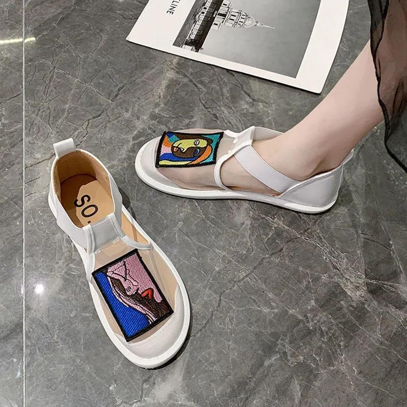 Ladies Summer Organza Abstract Women Slip-on Sandals Lightweight Non-slip Lazy Flat Sandals Breathable and Comfortable Shoes