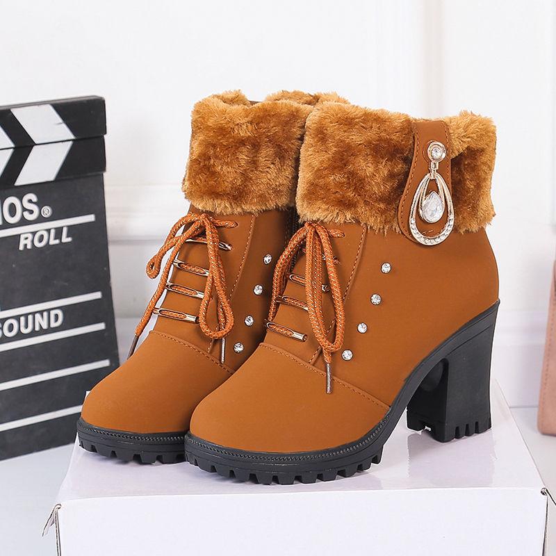 Plus Velvet Women's Boots 2021 Autumn Winter Martin Boots Female British Style High-heeled Short Boots Thick Heel Side Zipper