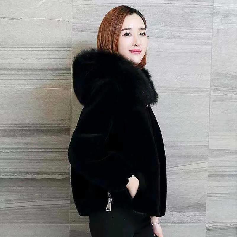 Sheep Sheared Fur Women's Autumn and Winter Imitation Fox Fur Hooded Fur Short Coat