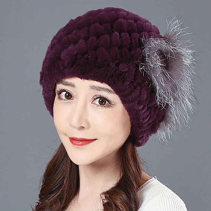 Winter Women's Fur Hat Fashion Imitation Rex Rabbit Fur Hat Warm Knitted Woolen Hat