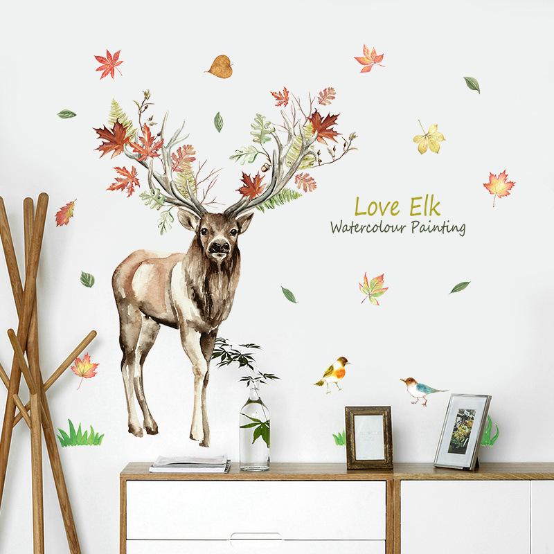 Nordic Elk Cartoon Wall Sticker Room Background Decoration Removable watercolour  painting wallpaper