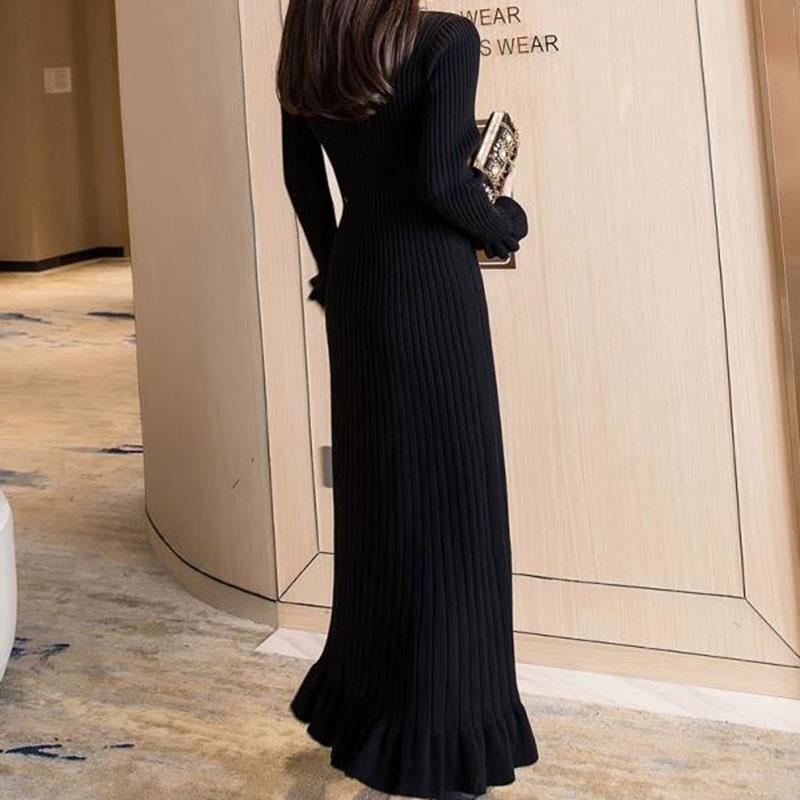 Autumn and Winter High Neck Slim Ruffled Over-the-knee Bottoming Long Skirt Knitted Dress Super Long Sweater Women To Ankle