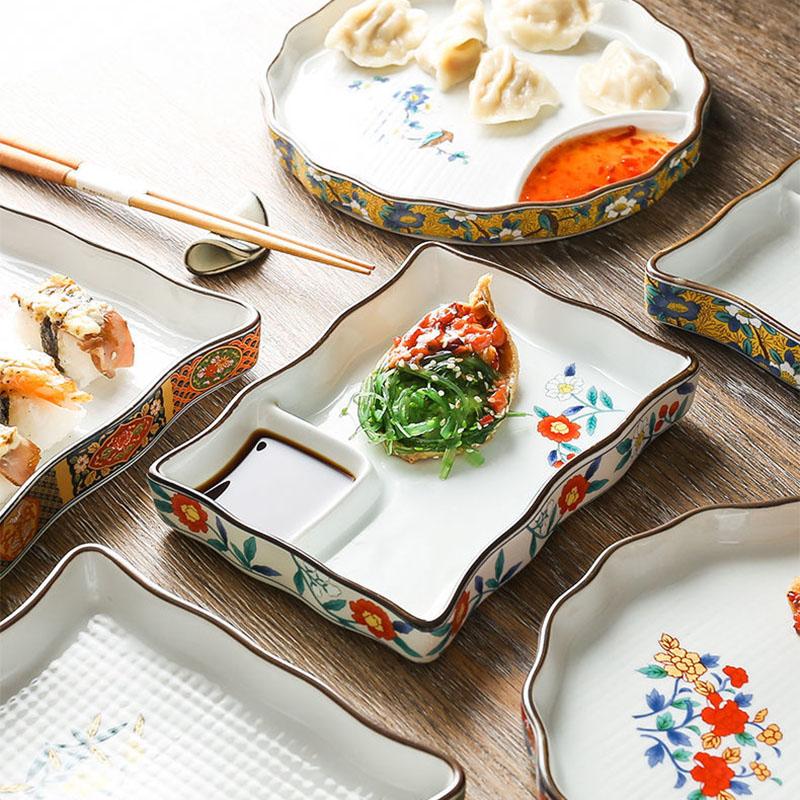 Japanese Dumpling Plate Sushi Plate Round Plate Square Plate Soy Sauce and Vinegar Compartment Household Ceramic Plate