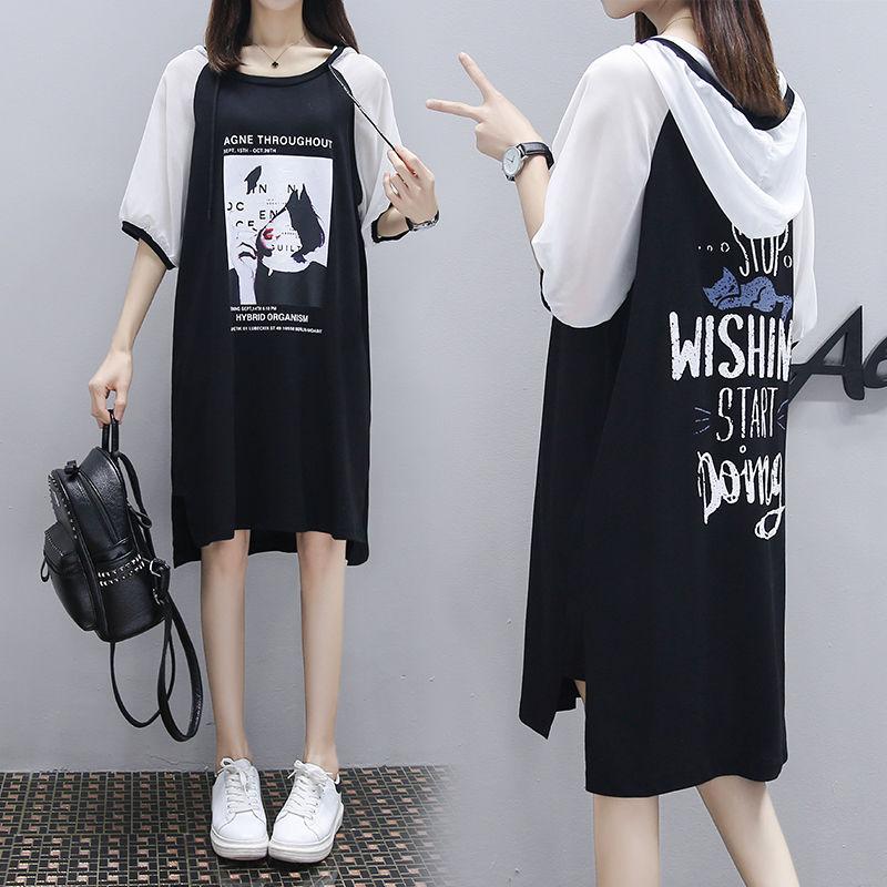 Women's Large Loose Letter Printed Sweater Casual Dress Summer Hooded Medium Length Casual Streetwear Dress