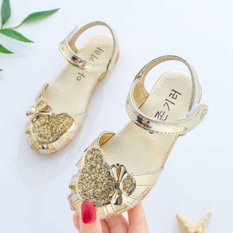 Summer Girls Flat Sandals Flash Children Girls High Heels Bow Leather Shoes Kids Dance Shoes Princess Wear-resistant Non-slip Sandals Size 21-36