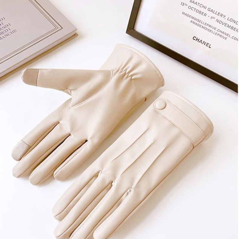 Women's Leather Gloves Winter Plus Velvet Thick Gloves Korean Imitation Sheepskin Pattern Touch Screen Gloves