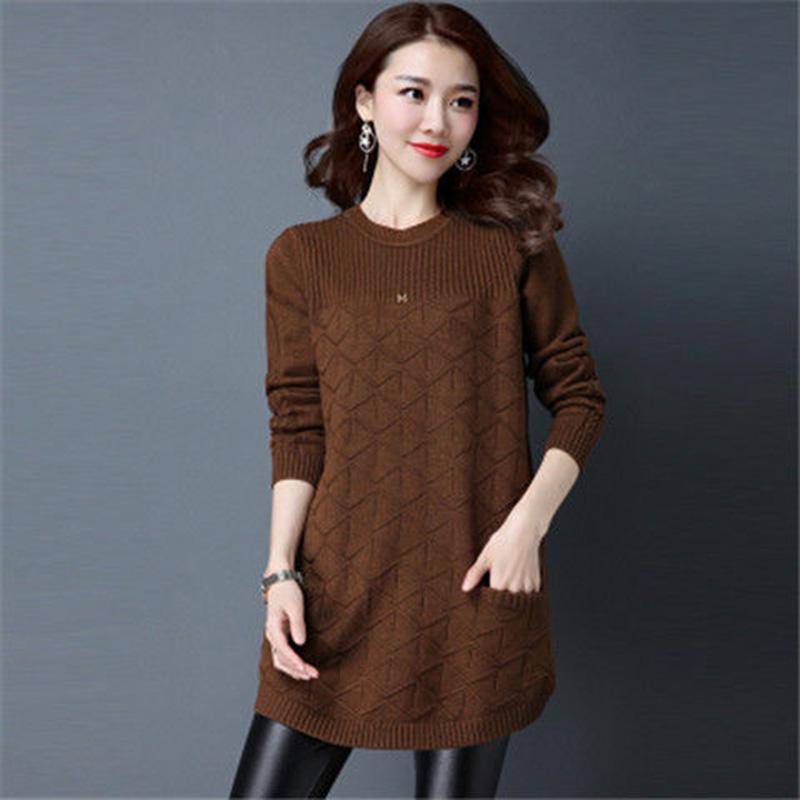 Mid-length Sweater Women Low Round Neck Spring and Autumn Korean Version of The Large Size Pullover Loose Knit Bottoming Shirt Sweater Skirt