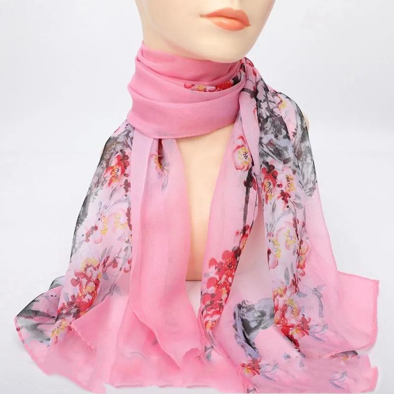 Women's Printed Silk Scarf Soft Chiffon Gauze Scarf Spring Summer Sunscreen Shawl Autumn Winter Neck Decoration Bib Gauze Scarf All Match Scarves