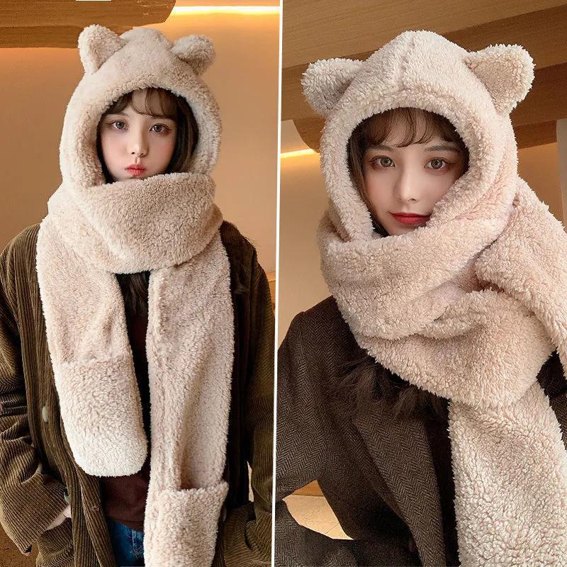 Winter Warm Scarf Women Girl Bear Ear Cut Hooded Hats Pockets Goloves Scarves All In One Cashmere Soft Shawls Female Fur Warm Winter Scarf