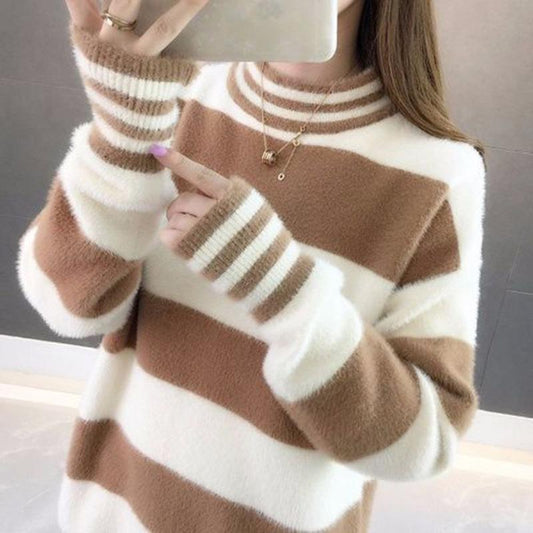 Striped Sweater Autumn and Winter Turtleneck Sweater Thick Warm Sweater Women Loose Large Size