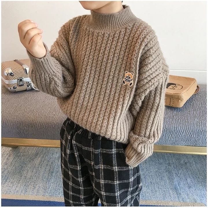 Boys' Sweaters Thickened Autumn and Winter Models of Bears, Big Children's Plus Velvet Turtleneck Pullovers, Girls' Tops