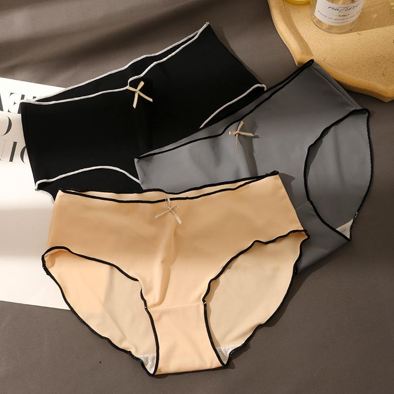 Women's Solid Color Panties Cotton Crotch Mid Waist Underpants Large Size Casual Bow Thin Briefs