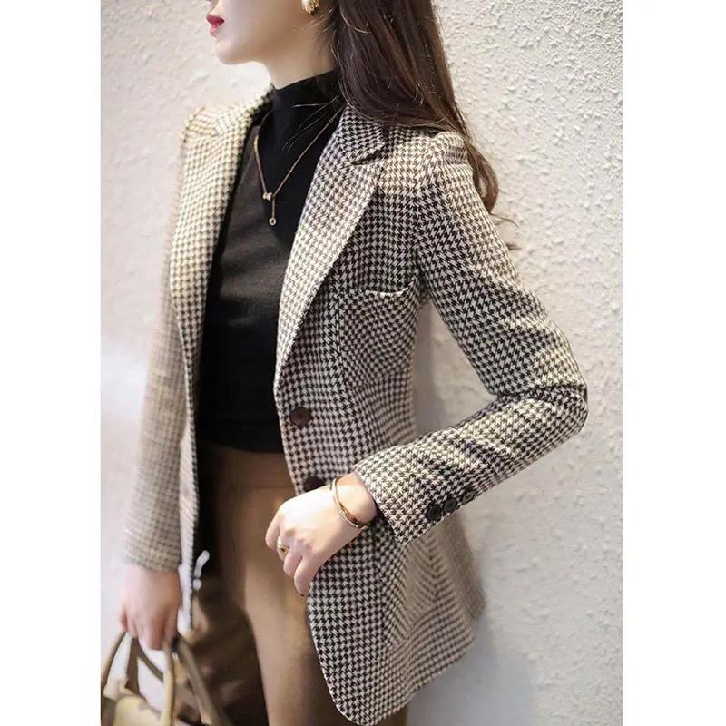 Casual Double Breasted Tweed Women Blazer Coat Long Spring Autumn Jackets Coats Female Chic Office Lady Tops