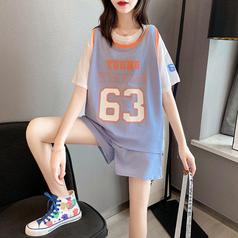 Summer Casual Suit Female Printed Loose Top Sports Shorts Two-piece Basketball Uniform Digital Pattern Loose Casual Suit Home Service