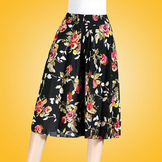 Women Summer Large Size High Waist Wide Leg Casual Culottes Loose Elastic Waist Floral Printed Thin Knee-length Trousers