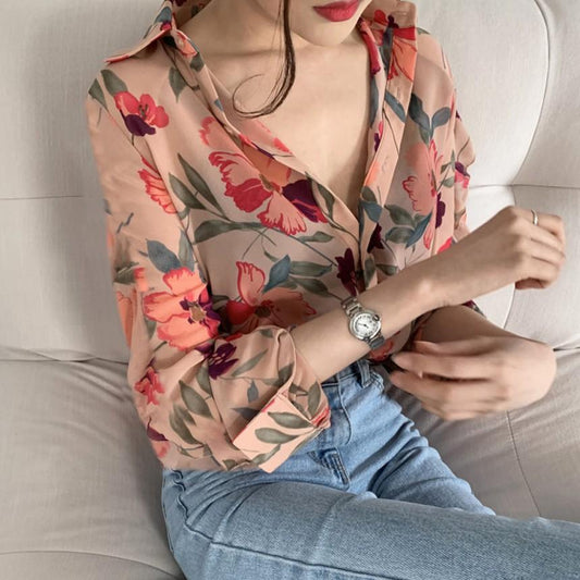 Fashion Women Shirt Floral Printed Blouses Chiffon Blouse Korea Tops Casual V-neck Long Sleeve Ladies Shirt