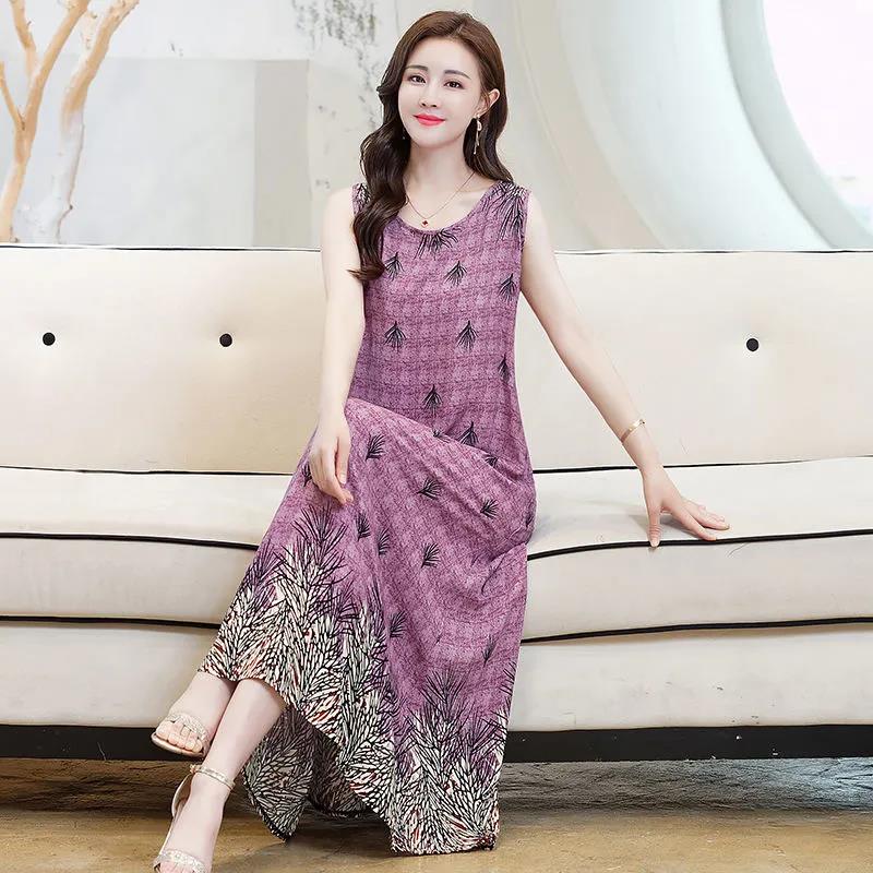 2021 Women Dresses Summer Scoop Neck Floral Print Boho Beach Dress Sleeveless A Line Sundress Robe