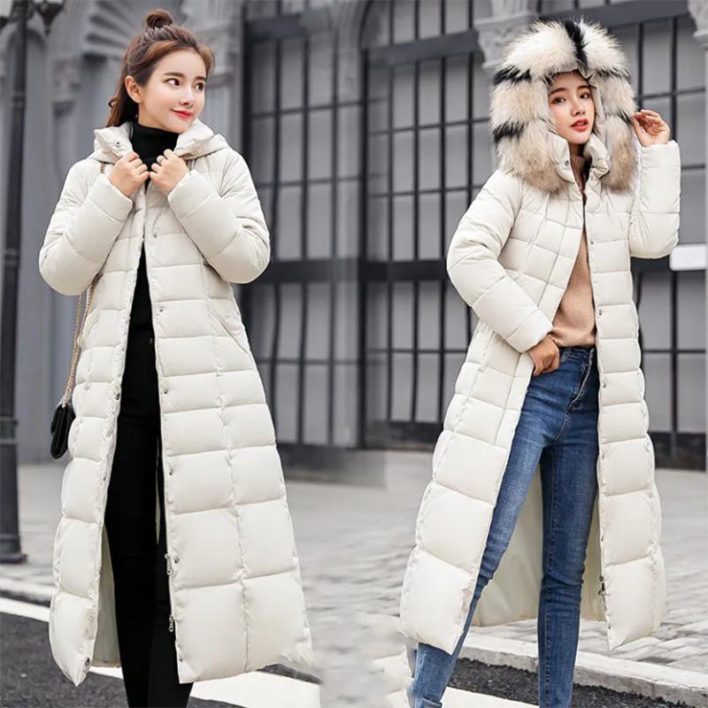 Women's Winter Padded Down Jacket Hooded Down Jacket with Warm Stand-up Collar Women's Solid Color Long Down Jacket Quilted Coat