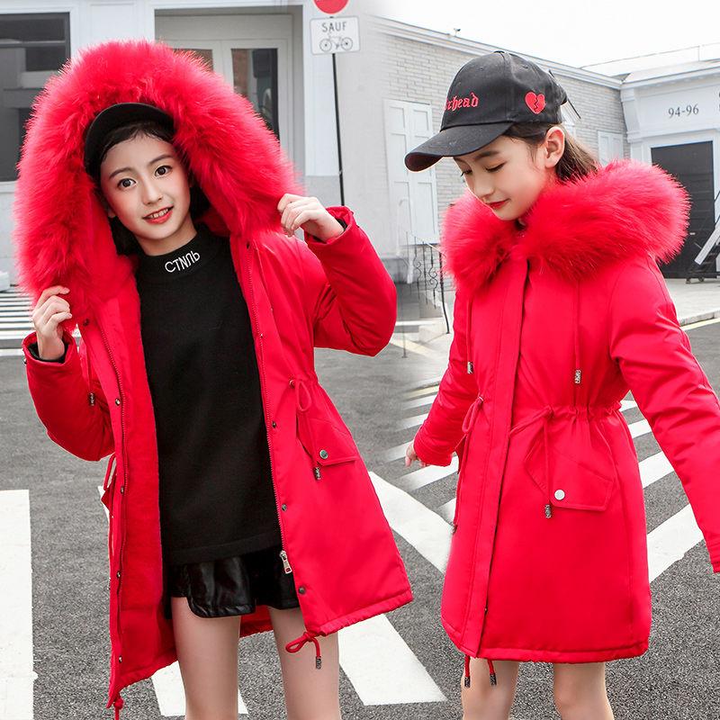 Winter Girls' Cotton-padded Clothes Thick  Velvet Pike Clothing Mid-length Kids Winter Parkas